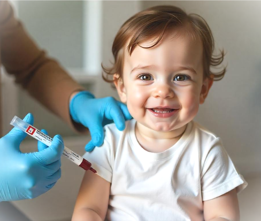 A clinician takes a small blood sample from a smiling toddler